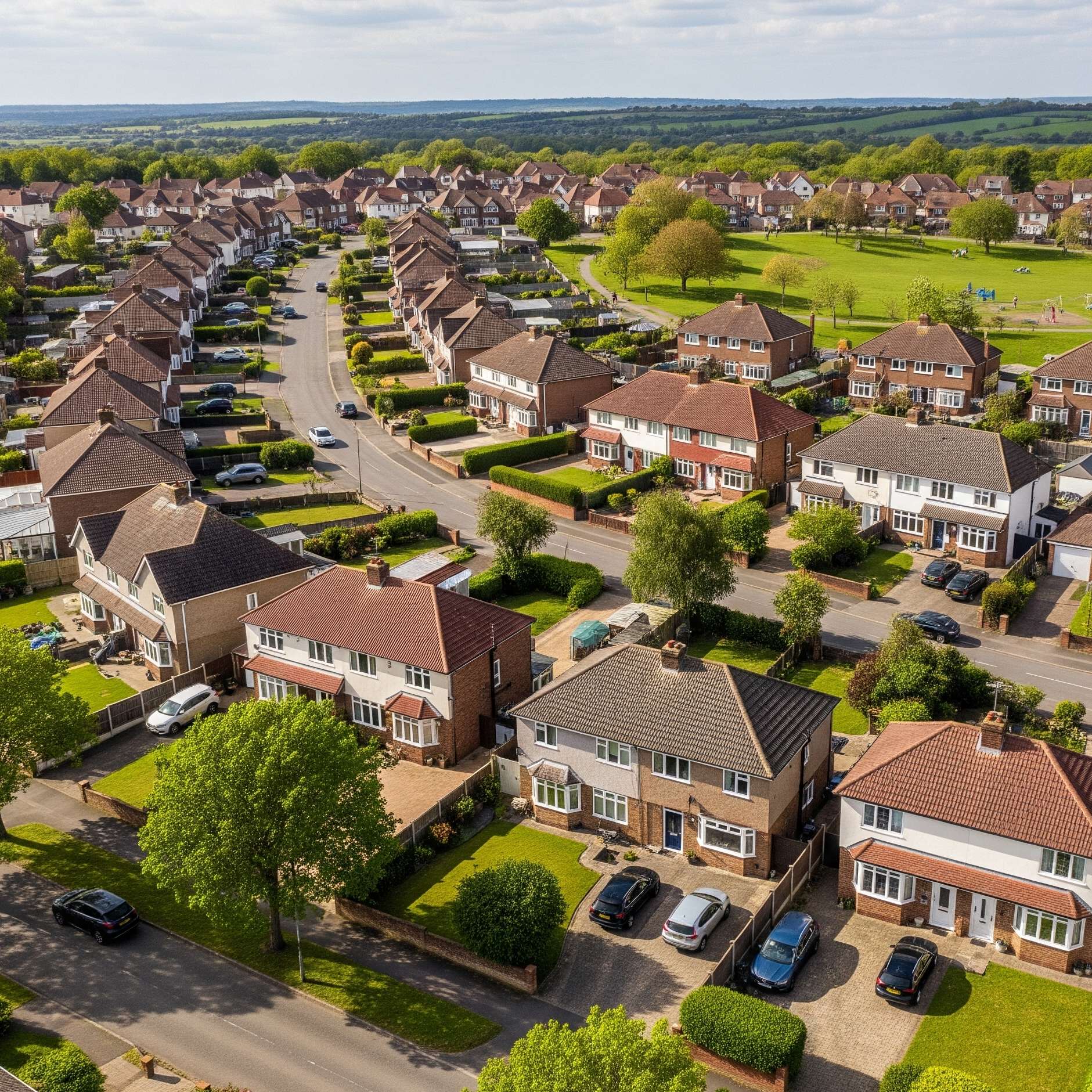 Well-maintained residential neighborhood with houses and green spaces